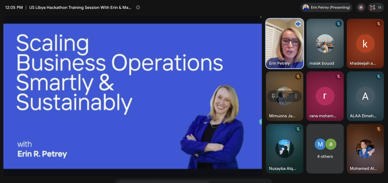 Erin Petrey presenting Scaling Business Operations Smartly & Sustainably to US-Libya hackathon teams, October 10 2026
