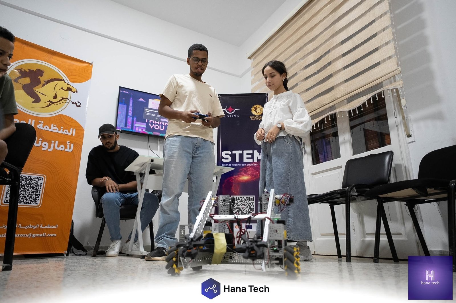 Hana Tech robotics training classroom with Libyan students learning programming